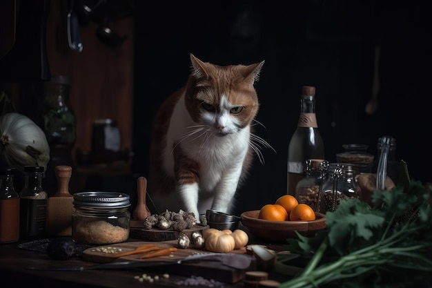 Cat chef preparing elaborate meal with fresh ingredients and spices