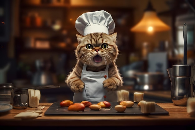 A cat in a chef's hat is making cheeses.