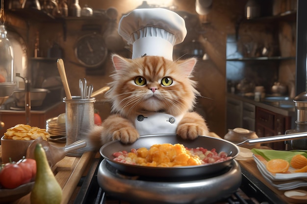 A cat in a chef's hat sits in a kitchen with a pan of food.