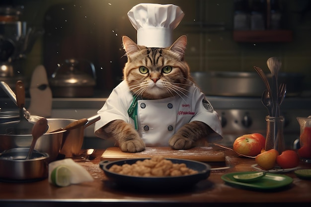 A cat in a chef's hat sits at a table in a kitchen.