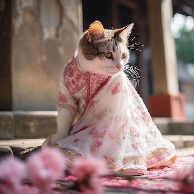 A cat in a chinese dress sits on a table with flowers.