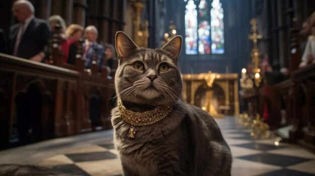 A cat in a church with a dog tag on its collar