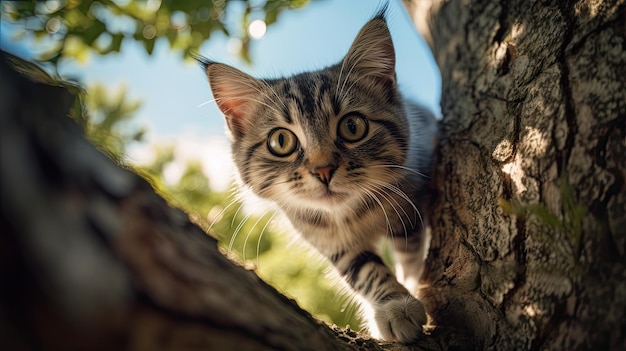 a cat climbed a tree branch and peeked with a cute curious face