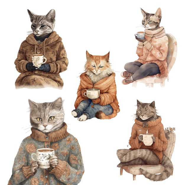 Cat in clothes with cup of tea