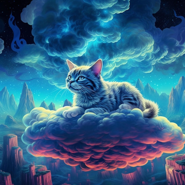 A cat on a cloud with clouds in the background