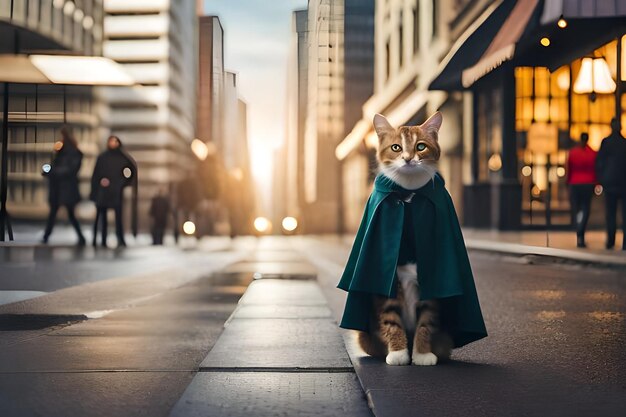 a cat in a coat on a street