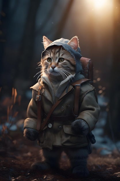 A cat in a coat with a backpack