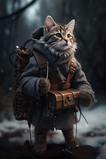 A cat in a coat with a backpack