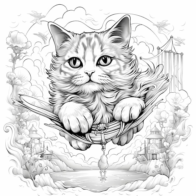 Cat coloring a book with cartoon style low details black