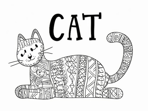 a cat coloring page for kidswith the text CAT