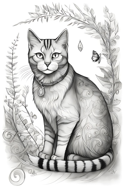 고양이 색칠 페이지 인쇄 가능한 품질흑백 포스터 품질