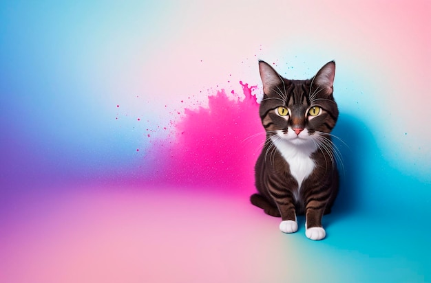 Cat on colourful multicolored background generative ai