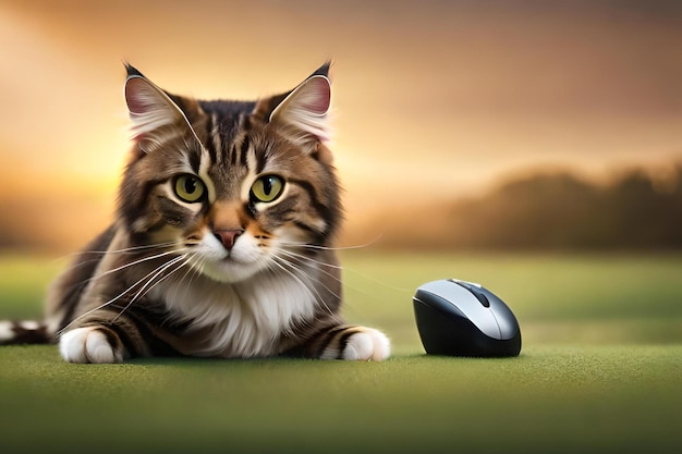 A cat next to a computer mouse