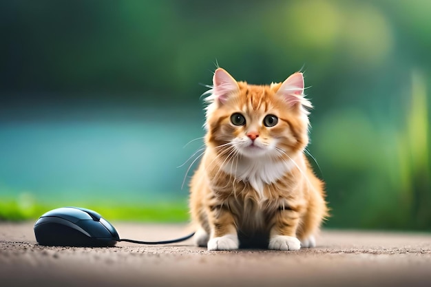 A cat next to a computer mouse