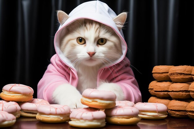 A cat in a costume with cookies