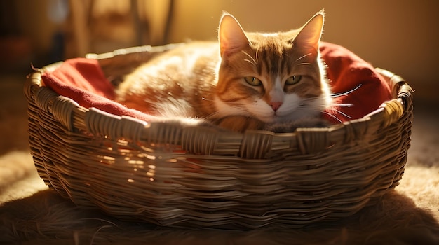 a cat curled up in a basket in a sunny spot on the floor