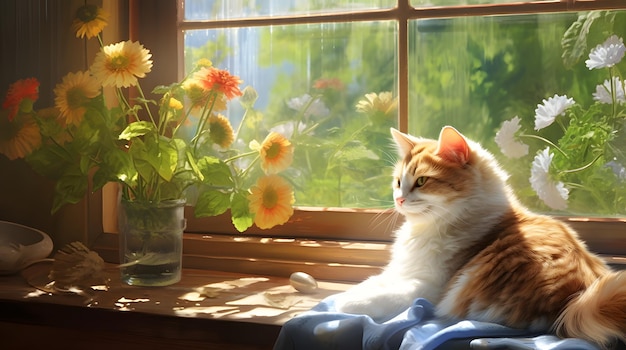 A cat curled up on a sunny windowsill watching birds outside