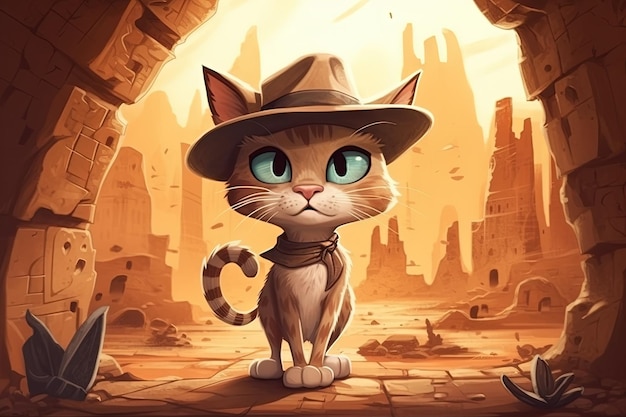 フェドーラ帽をかぶった猫の大胆な冒険家が、古代の宝物で満たされた忘れられた寺院を探検する漫画風のイラスト生成AI