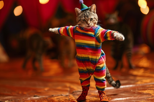 Photo a cat decked out in a rainbowstriped jumpsuit and floppy shoes clown captivates the audience with slapstick humor dancing with fellow circus animals