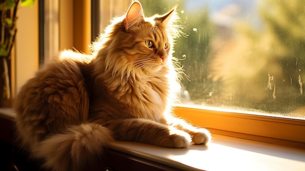 Cat Description A fluffy ginger cat perched on a windowsill peering curiously outside with its vi