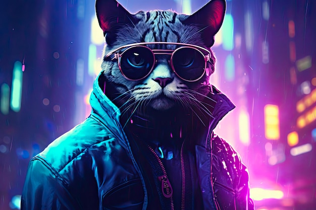 Cat Detective in Cyberpunk City at Night with Futuristic Sunglasses and Neon Lights Generative AI