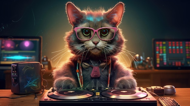 Cat dj cat with glasses and a pink bow tie