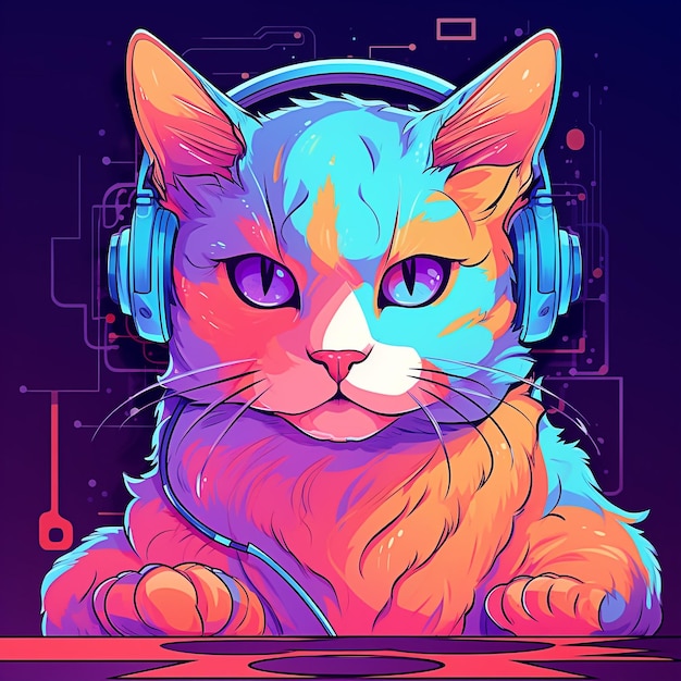 Cat dj in headphones vaporwave style