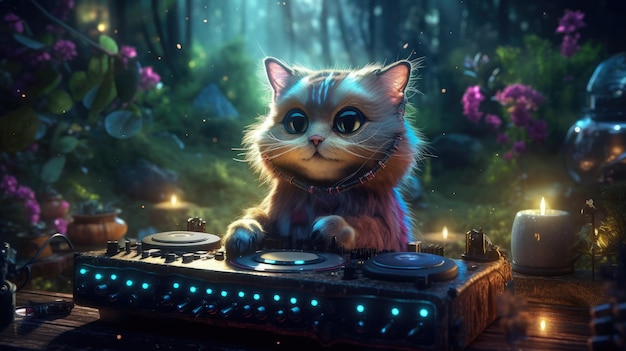 Cat dj playing music in the forest