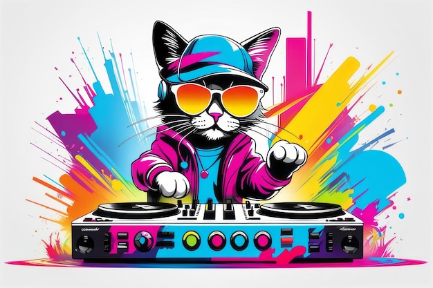 Cat dj играет на синтезаторе, дизайн футболки яркая красочная цветная иллюстрация Создано с использованием генеративных инструментов AI