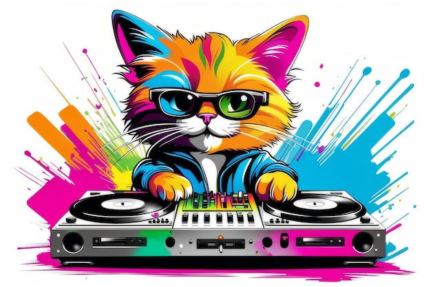 猫 dj が演奏し、シンセサイザー t シャツ デザイン明るいカラフルなカラー イラスト生成 AI ツールを使用して作成