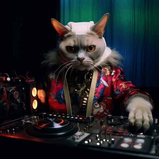 Cat DJ Spinning at Club by Erik Madigan Heck Generative Ai