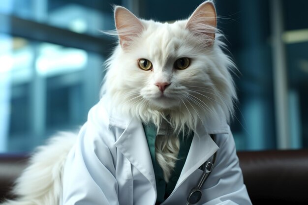 кот-врач в белом костюме в современной больнице