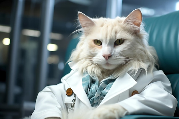 cat doctor in white suit in modern hospital