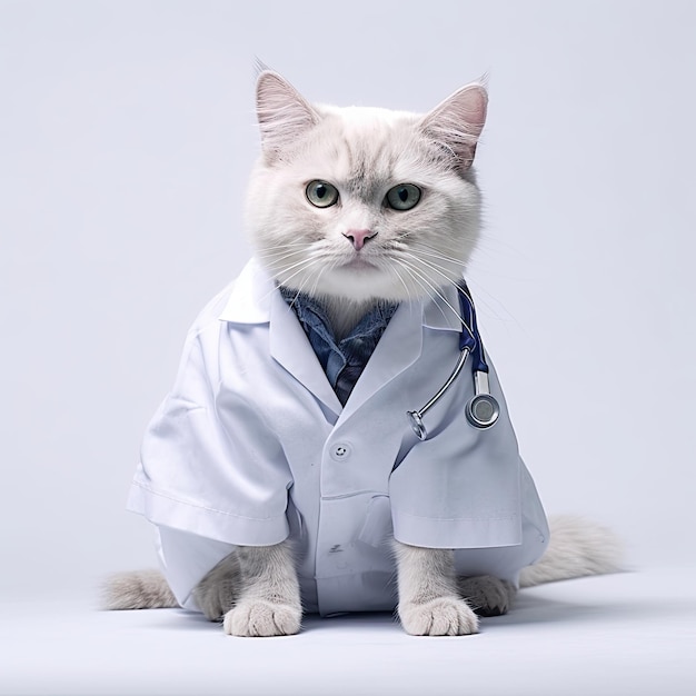 В кошачьей одежде врача на белом фоне.