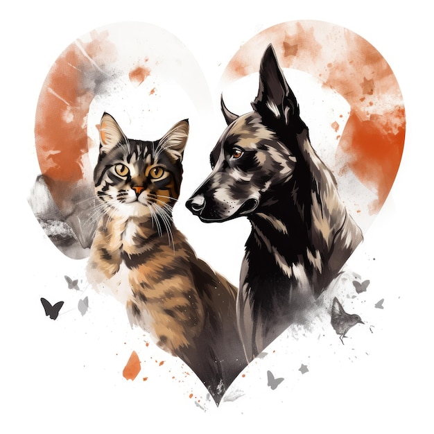 a cat and a dog are in a heart with the words " cat " on it.