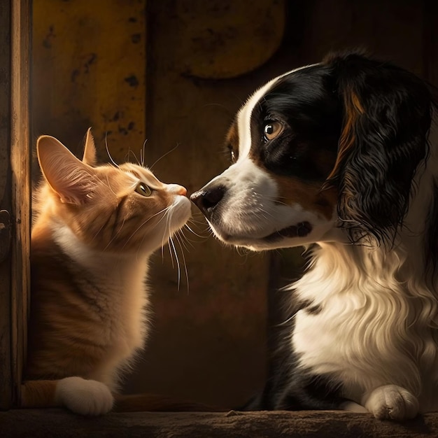 A cat and a dog are kissing each other.