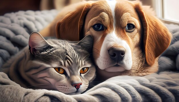 a cat and a dog are laying in a bed with a cat.