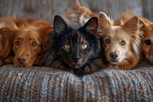 一匹の猫と一匹の犬がソファに横たわっているそのうちの1匹の猫は背中にある