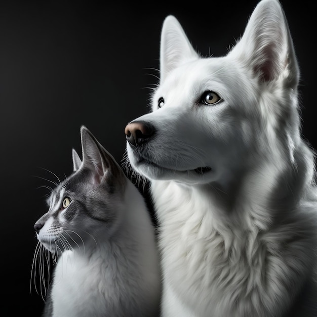 A cat and a dog are looking at each other.