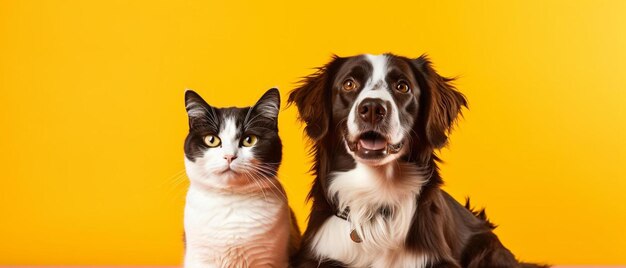 猫と犬が黄色い背景の前でポーズをとっている