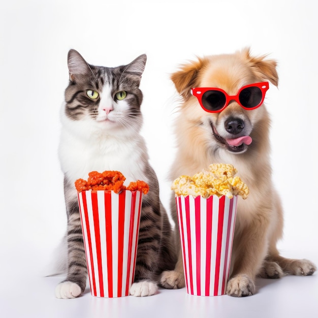 A cat and dog are sitting next to each other with popcorn.