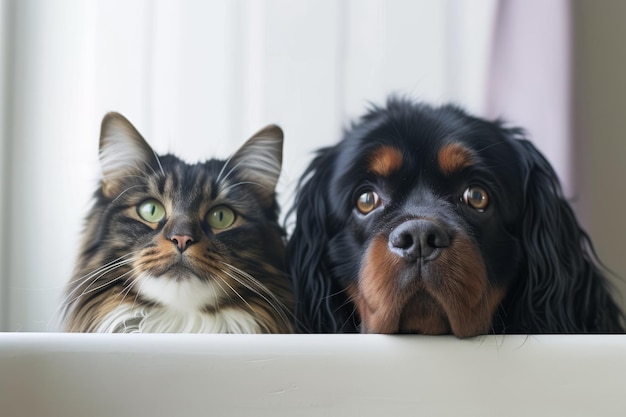 Photo a cat and a dog are sitting next to each other