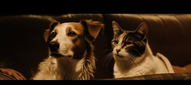 A cat and a dog are sitting next to each other.