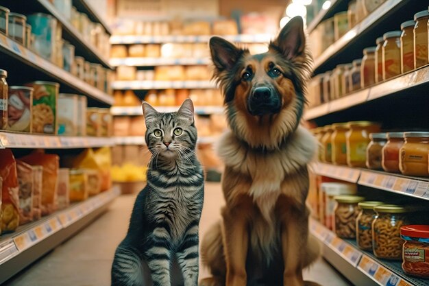 猫と犬が店の通路に座っています。