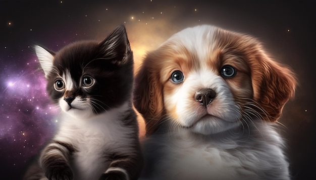 A cat and dog are sitting together in front of a starry sky.