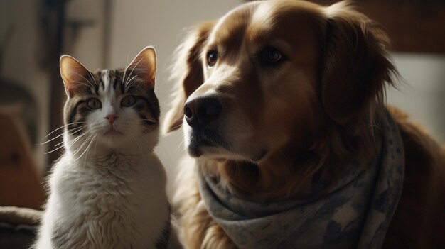 A cat and a dog are sitting together.