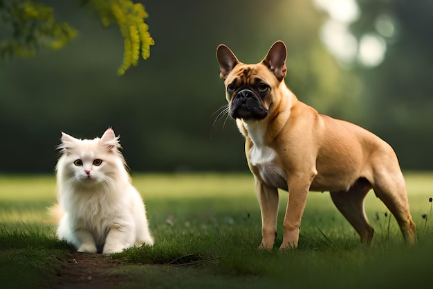 A cat and a dog are standing in the grass.