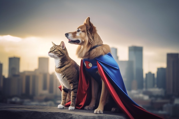 A cat and dog are standing together in front of a cityscape.