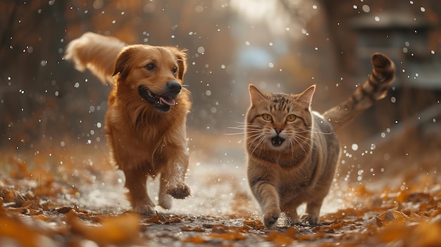 Photo cat and dog in autumn park golden retriever and cat playing together in the rain