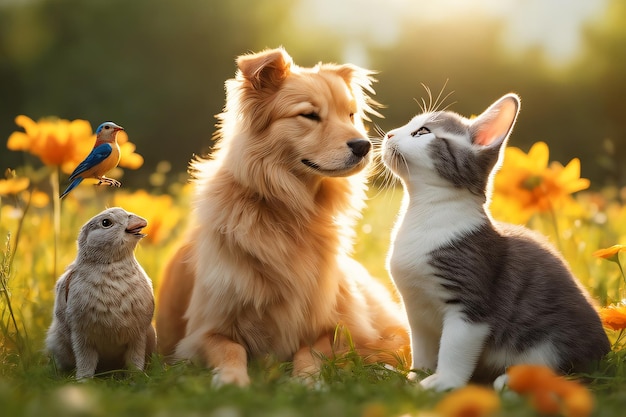 Cat Dog and Birds in Perfect Harmony